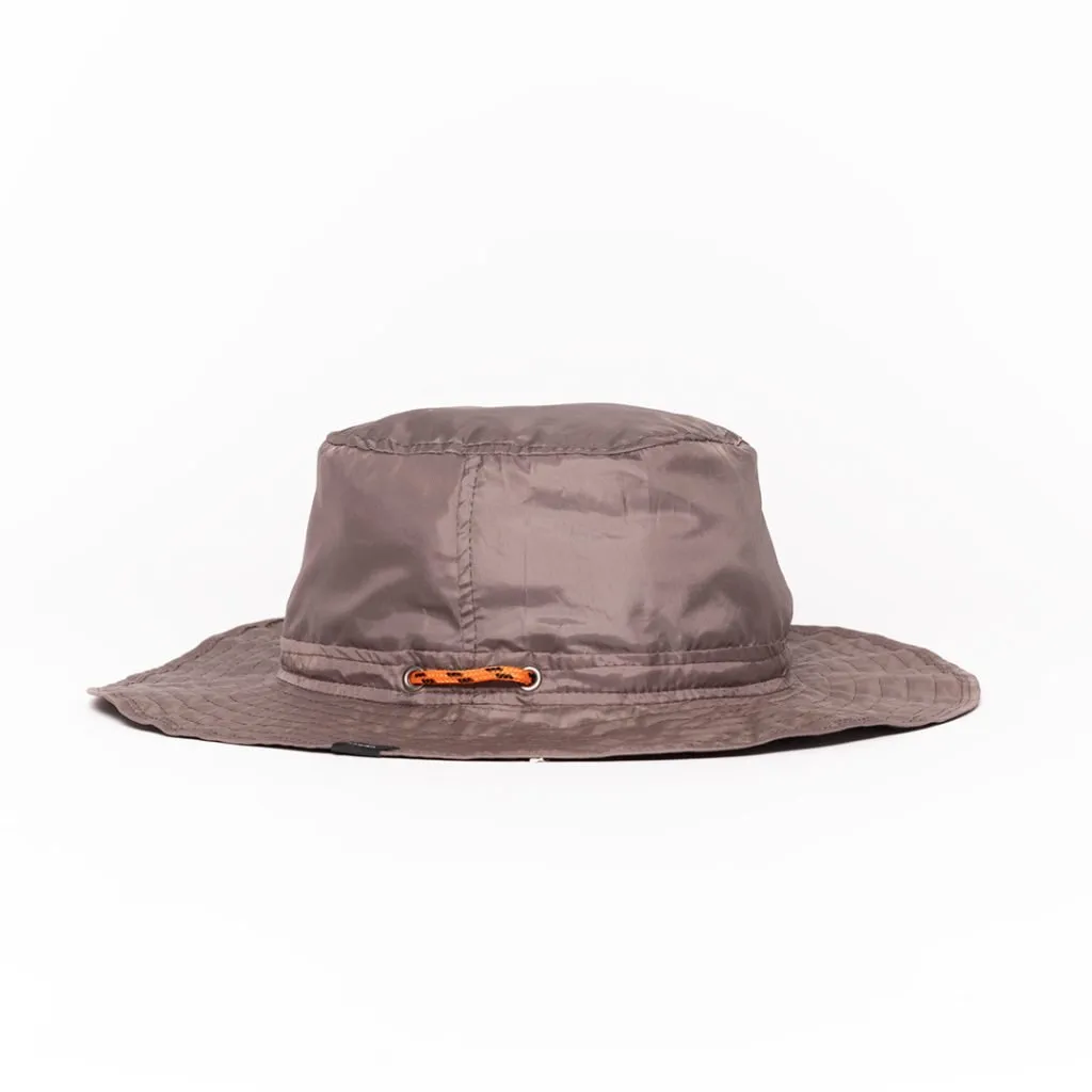 Brown upcycled hat with orange drawstring and wide brim.