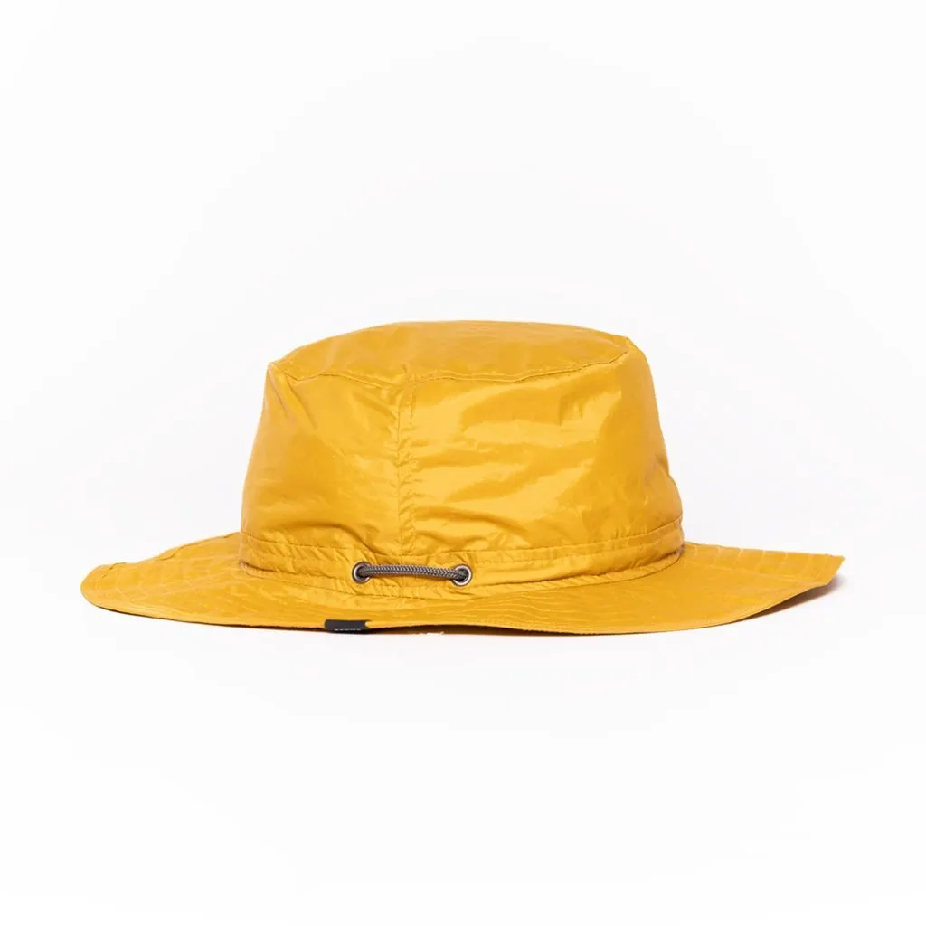 Yellow bucket hat with chin strap, upcycled material, product 10.