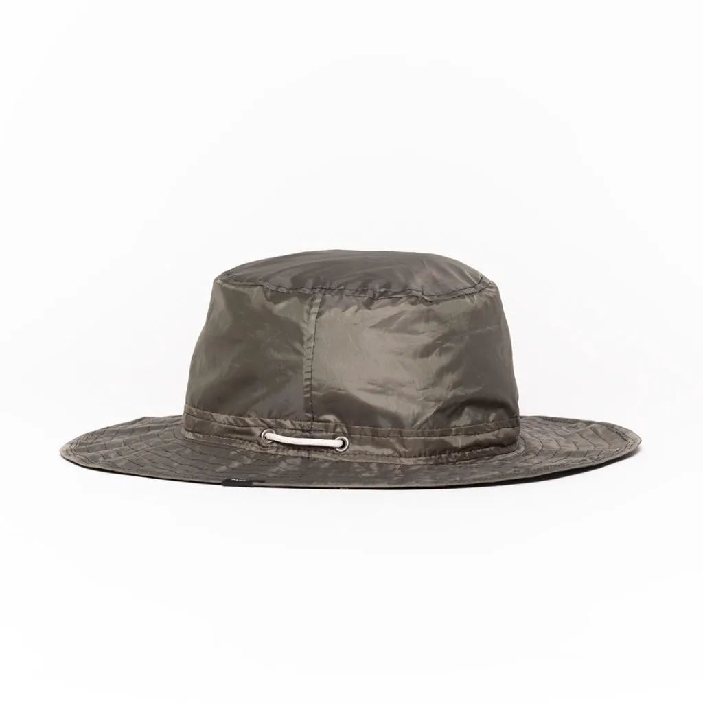 Brown upcycled hat with wide brim and drawstring.
