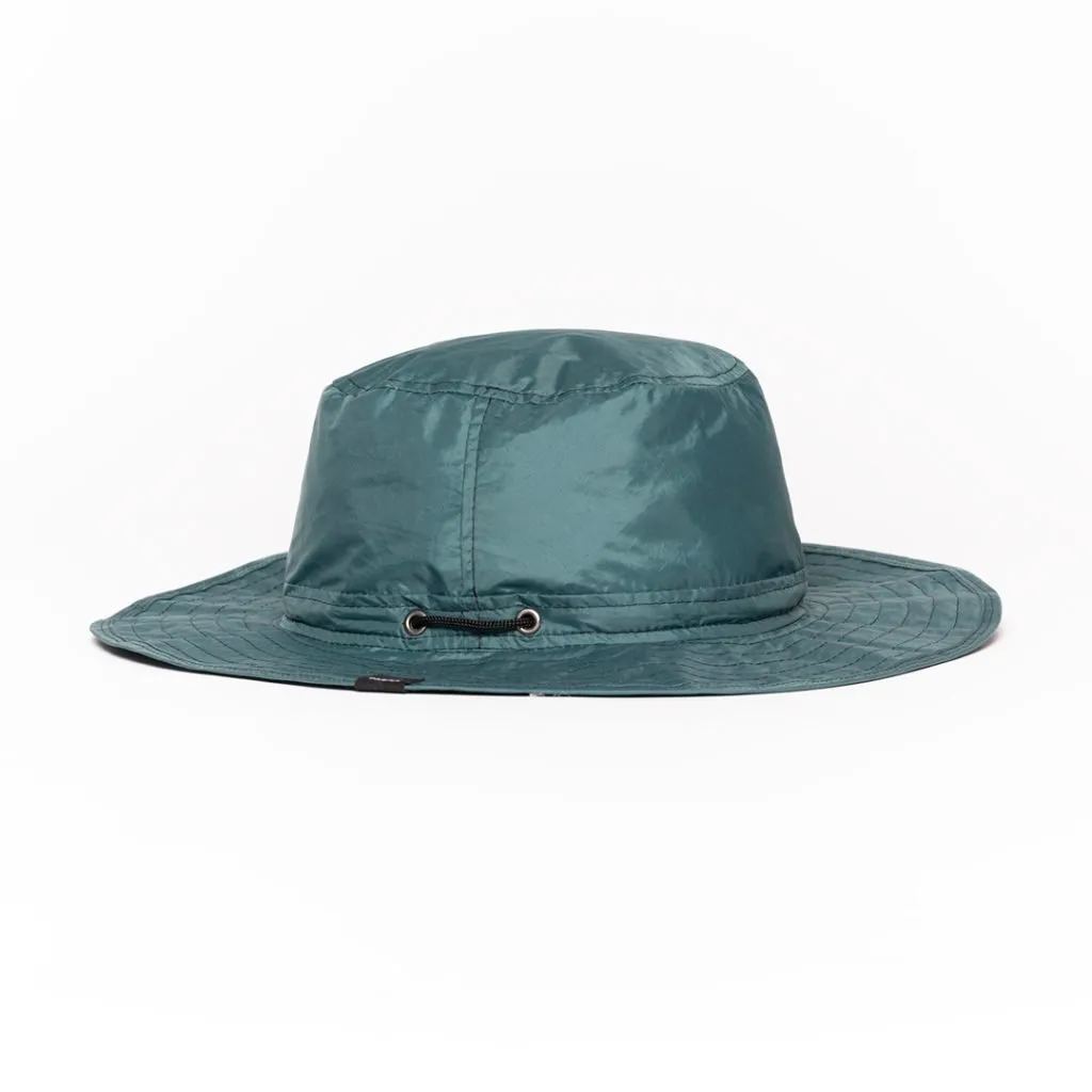 Teal upcycled hat with wide brim and adjustable chin strap.