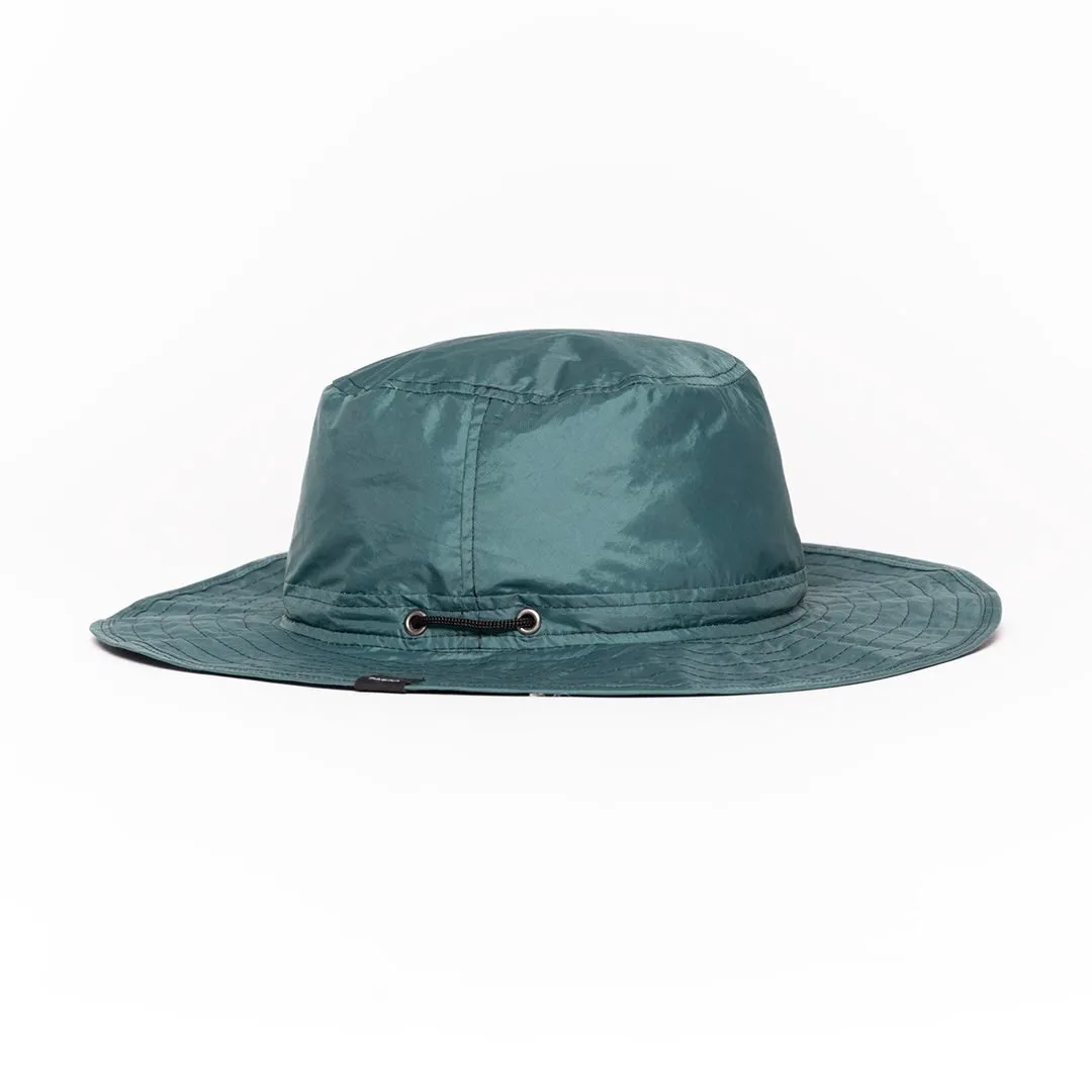 Teal upcycled hat with wide brim and adjustable chin strap.