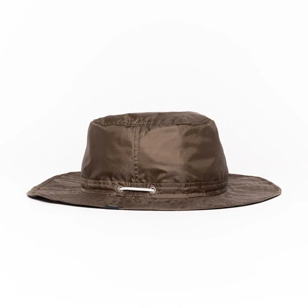 Brown upcycled hat with wide brim and adjustable chin strap.