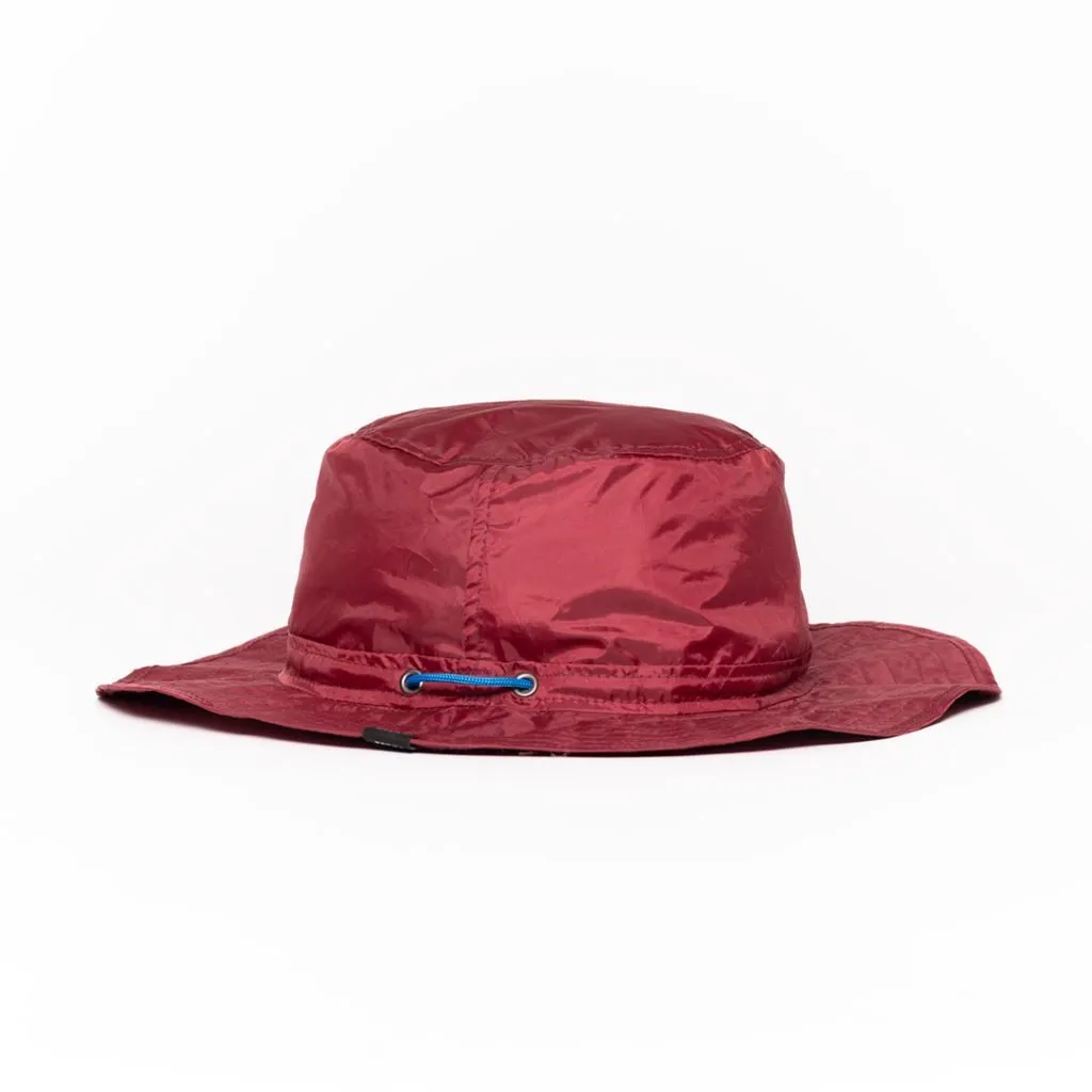 Red upcycled hat with blue drawstring, 6.