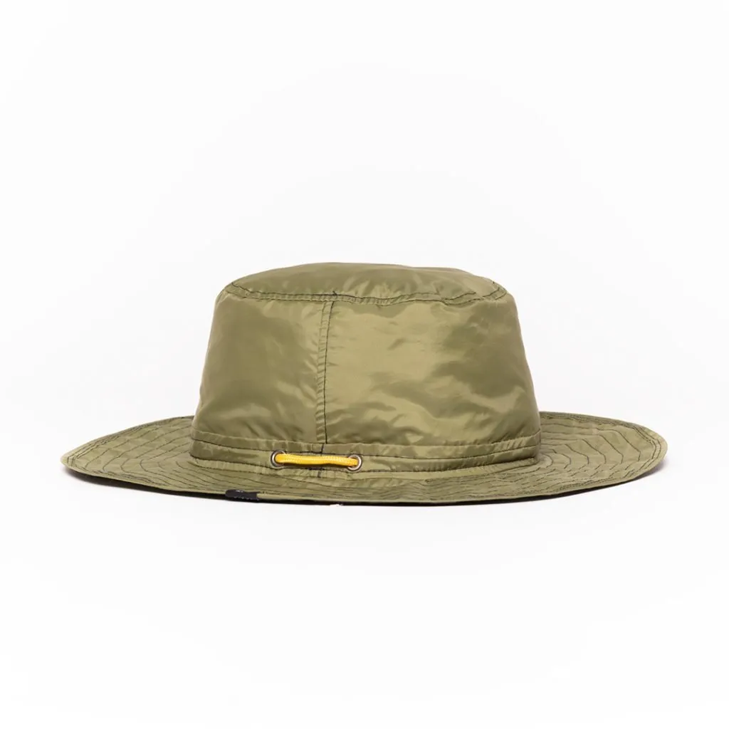 Olive green upcycled hat with wide brim and yellow drawstring.