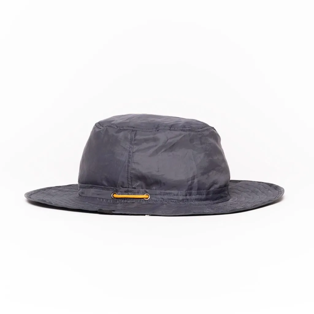 Dark grey upcycled hat with wide brim and gold buckle.