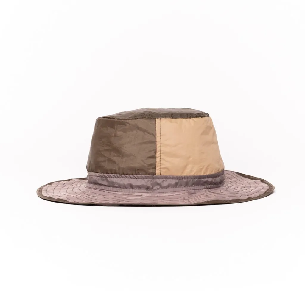 Brown and beige upcycled hat with wide brim.