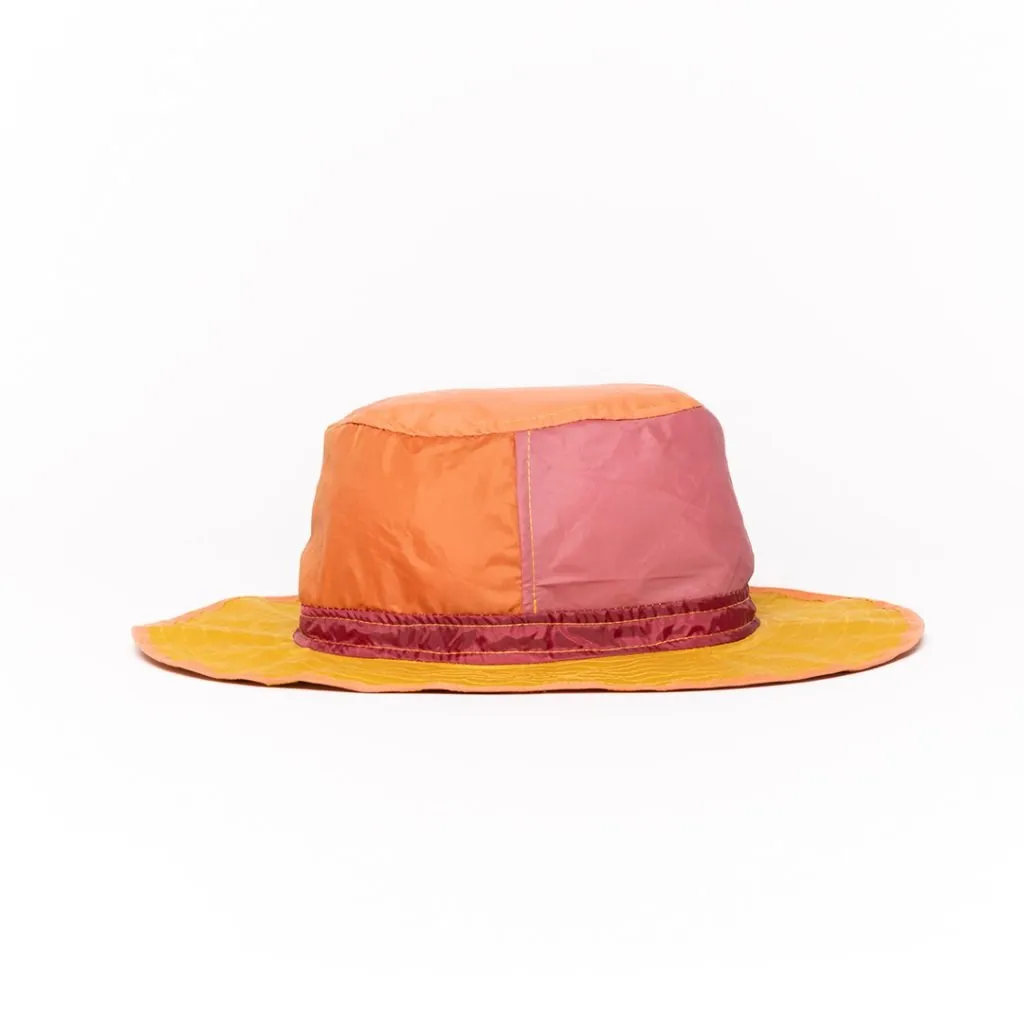 Vibrant orange and pink Upcycled Hat with wide brim.