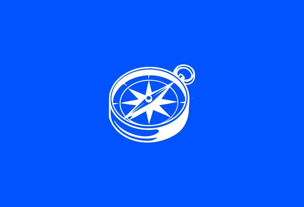 White compass icon on blue background.