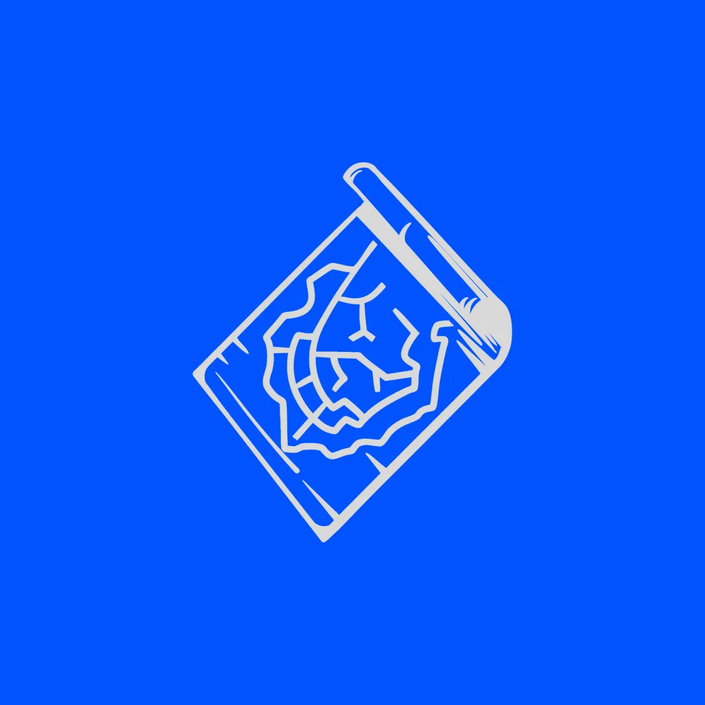 White line drawing of a map on a scroll against blue background.